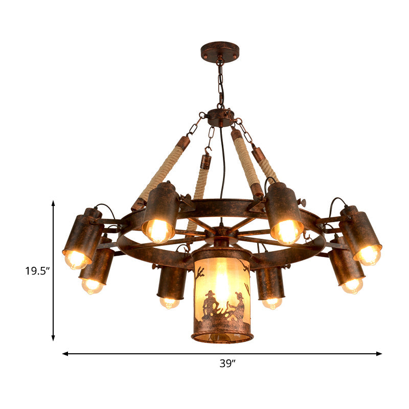 7/9 Lights Wheel Chandelier Lighting Antique Rust Metal Pendant Light Fixture for Restaurant Clearhalo 'Cast Iron' 'Ceiling Lights' 'Chandeliers' 'Industrial Chandeliers' 'Industrial' 'Metal' 'Middle Century Chandeliers' 'Rustic Chandeliers' 'Tiffany' Lighting' 326723