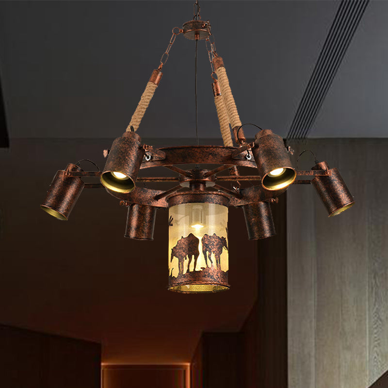 7/9 Lights Wheel Chandelier Lighting Antique Rust Metal Pendant Light Fixture for Restaurant 7 Rust Clearhalo 'Cast Iron' 'Ceiling Lights' 'Chandeliers' 'Industrial Chandeliers' 'Industrial' 'Metal' 'Middle Century Chandeliers' 'Rustic Chandeliers' 'Tiffany' Lighting' 326724