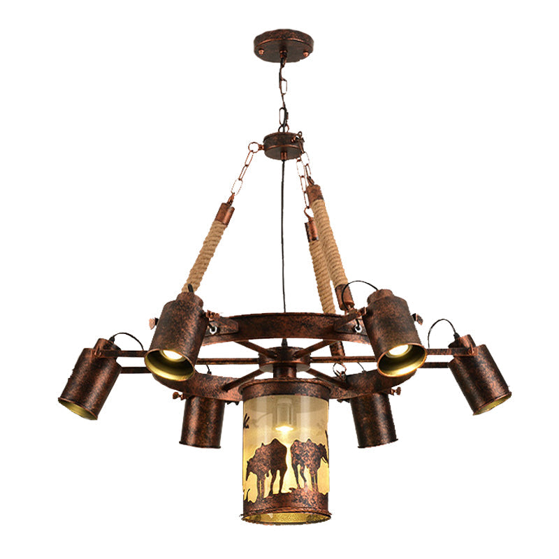 7/9 Lights Wheel Chandelier Lighting Antique Rust Metal Pendant Light Fixture for Restaurant Clearhalo 'Cast Iron' 'Ceiling Lights' 'Chandeliers' 'Industrial Chandeliers' 'Industrial' 'Metal' 'Middle Century Chandeliers' 'Rustic Chandeliers' 'Tiffany' Lighting' 326726