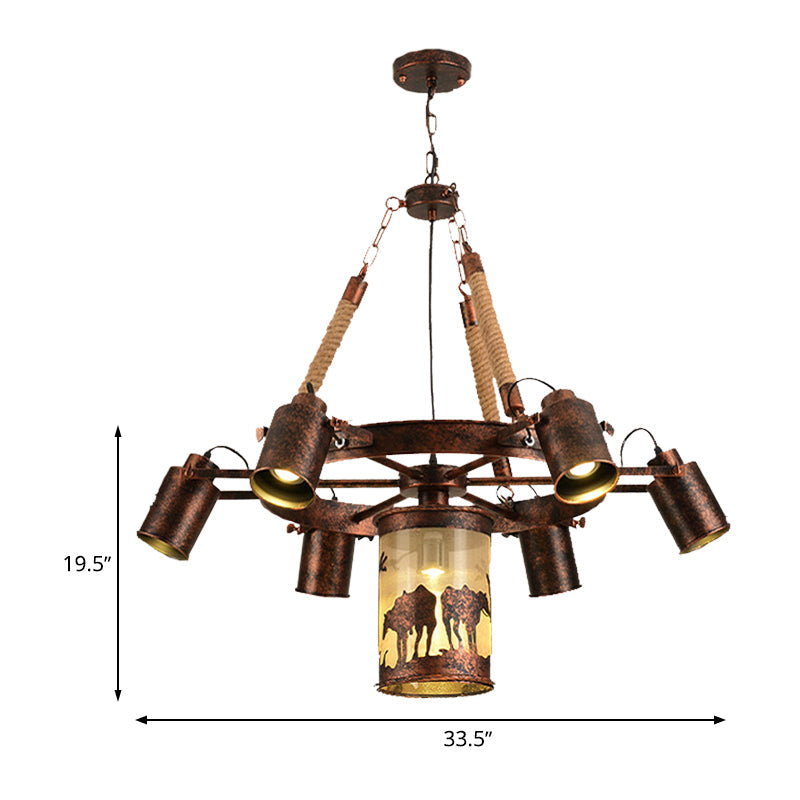 7/9 Lights Wheel Chandelier Lighting Antique Rust Metal Pendant Light Fixture for Restaurant Clearhalo 'Cast Iron' 'Ceiling Lights' 'Chandeliers' 'Industrial Chandeliers' 'Industrial' 'Metal' 'Middle Century Chandeliers' 'Rustic Chandeliers' 'Tiffany' Lighting' 326727