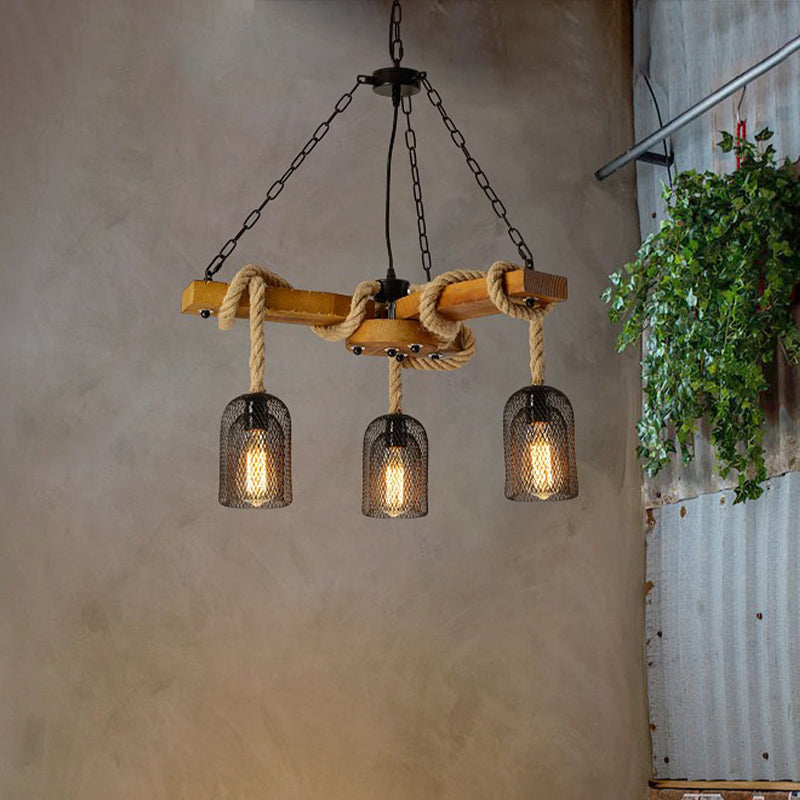 Caged Dining Room Chandelier Pendant Retro Metallic 3/6/8 Lights Wood Ceiling Lamp with Rope 3 Wood Clearhalo 'Cast Iron' 'Ceiling Lights' 'Chandeliers' 'Industrial Chandeliers' 'Industrial' 'Metal' 'Middle Century Chandeliers' 'Rustic Chandeliers' 'Tiffany' Lighting' 326737