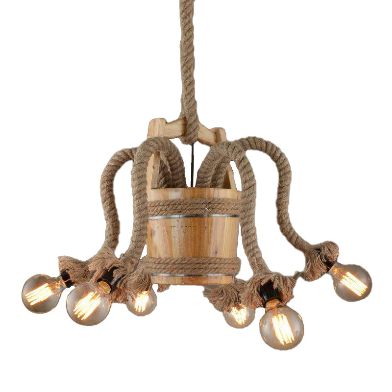 Curved Arm Dining Room Chandelier Lamp Farmhouse Rope 6 Lights Wood Ceiling Light Fixture Clearhalo 'Ceiling Lights' 'Chandeliers' 'Industrial Chandeliers' 'Industrial' 'Middle Century Chandeliers' 'Tiffany' Lighting' 326799