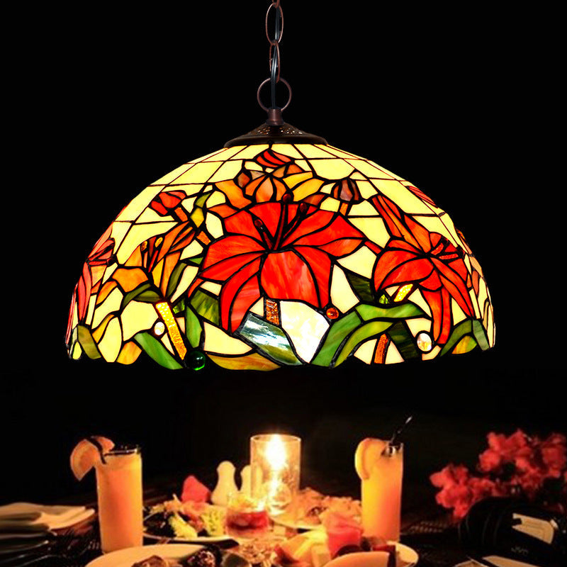 1/2 Lights Chandelier Lamp Mediterranean Floral Red Cut Glass Suspension Pendant Light, 12