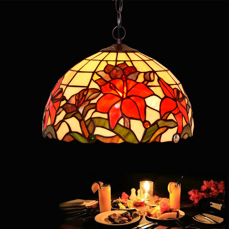 1/2 Lights Chandelier Lamp Mediterranean Floral Red Cut Glass Suspension Pendant Light, 12