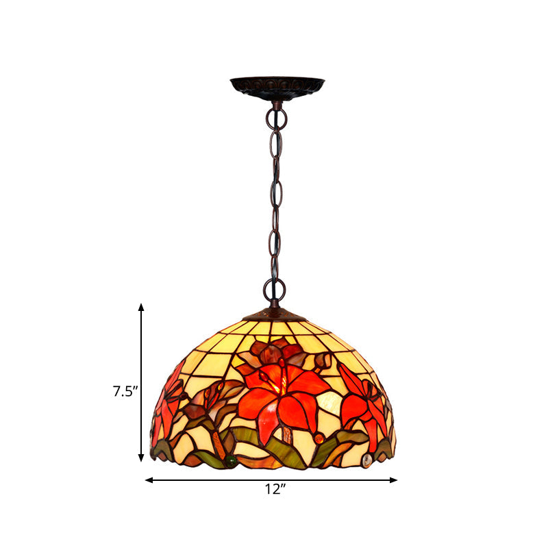 1/2 Lights Chandelier Lamp Mediterranean Floral Red Cut Glass Suspension Pendant Light, 12