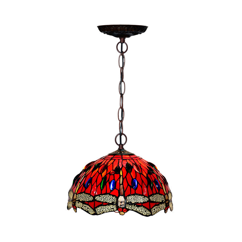 Dragonfly Pendant Lighting Fixture Victorian Red/Green Stained Glass 1 Light Hanging Ceiling Light Clearhalo 'Ceiling Lights' 'Chandeliers' 'Industrial' 'Middle Century Pendants' 'Pendant Lights' 'Pendants' 'Tiffany close to ceiling' 'Tiffany Pendants' 'Tiffany' Lighting' 327072