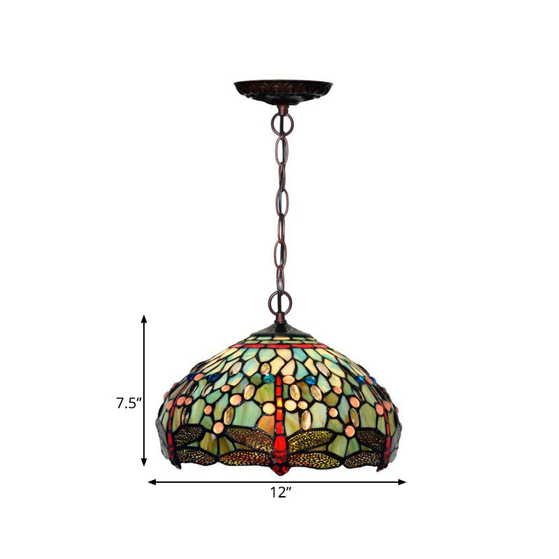 Dragonfly Pendant Lighting Fixture Victorian Red/Green Stained Glass 1 Light Hanging Ceiling Light Clearhalo 'Ceiling Lights' 'Chandeliers' 'Industrial' 'Middle Century Pendants' 'Pendant Lights' 'Pendants' 'Tiffany close to ceiling' 'Tiffany Pendants' 'Tiffany' Lighting' 327077