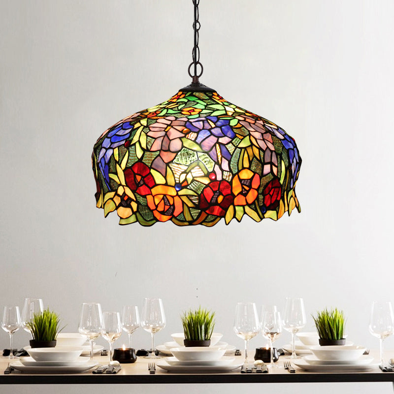 2 Lights Chandelier Mediterranean Blossom Orange Stained Glass Ceiling Lamp for Dining Room Orange Clearhalo 'Ceiling Lights' 'Chandeliers' 'Industrial' 'Middle Century Chandeliers' 'Tiffany Chandeliers' 'Tiffany close to ceiling' 'Tiffany' Lighting' 327509