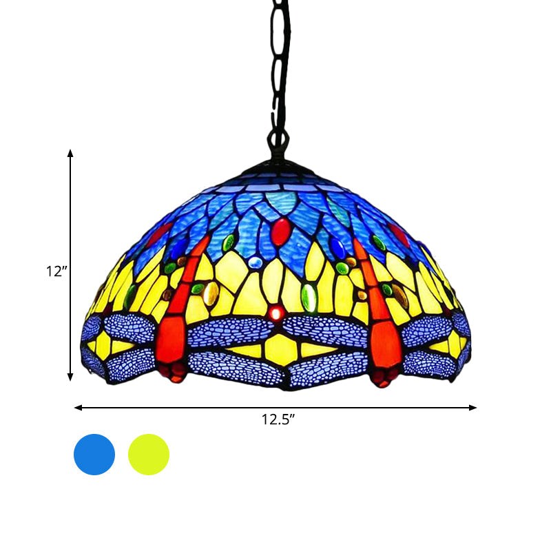 Dragonfly Chandelier Lighting Mediterranean Blue/Green Stained Glass 1/2 Lights Pendant for Kitchen Clearhalo 'Ceiling Lights' 'Chandeliers' 'Industrial' 'Middle Century Chandeliers' 'Pendant Lights' 'Tiffany Chandeliers' 'Tiffany close to ceiling' 'Tiffany' Lighting' 327660