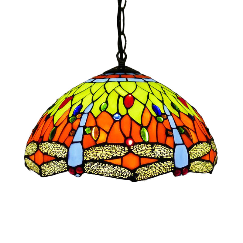 Dragonfly Chandelier Lighting Mediterranean Blue/Green Stained Glass 1/2 Lights Pendant for Kitchen 1 Green Clearhalo 'Ceiling Lights' 'Chandeliers' 'Industrial' 'Middle Century Chandeliers' 'Pendant Lights' 'Tiffany Chandeliers' 'Tiffany close to ceiling' 'Tiffany' Lighting' 327664