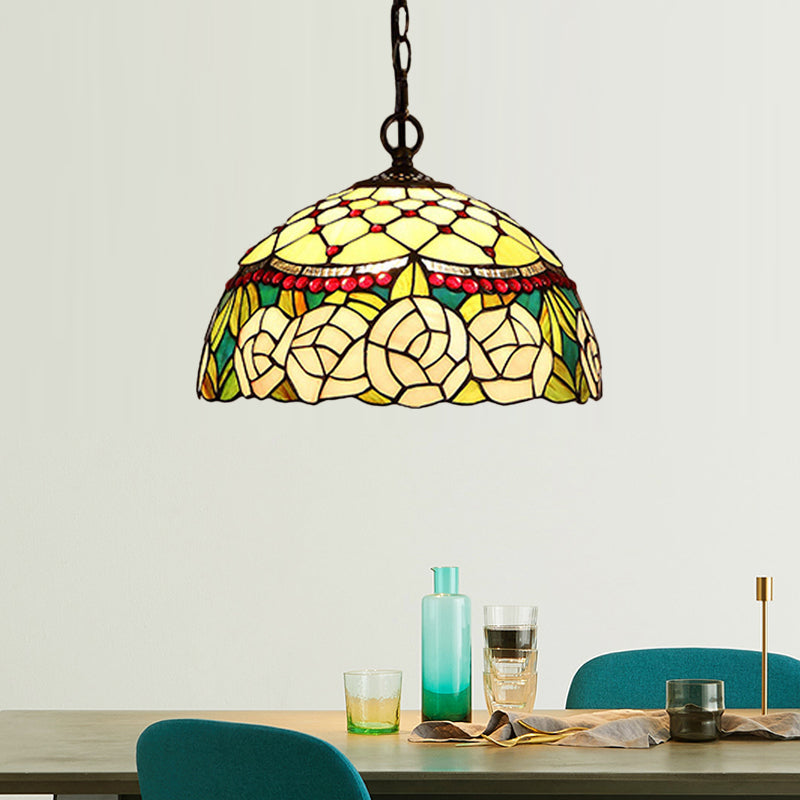 1/2 Lights Kitchen Chandelier Pendant Light Mediterranean Bronze Ceiling Lamp with Domed Red/Yellow Cut Glass Shade, 12