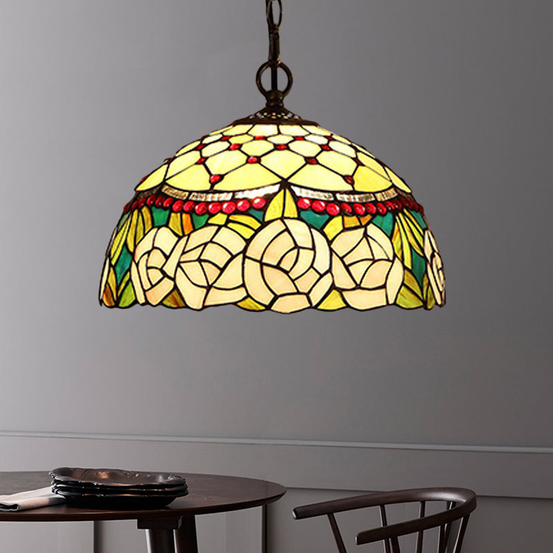 1/2 Lights Kitchen Chandelier Pendant Light Mediterranean Bronze Ceiling Lamp with Domed Red/Yellow Cut Glass Shade, 12