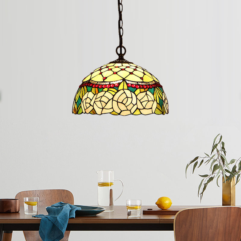 1/2 Lights Kitchen Chandelier Pendant Light Mediterranean Bronze Ceiling Lamp with Domed Red/Yellow Cut Glass Shade, 12