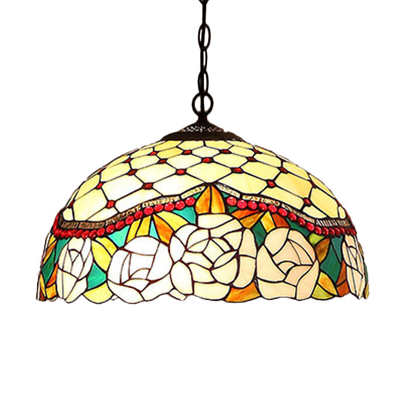 1/2 Lights Kitchen Chandelier Pendant Light Mediterranean Bronze Ceiling Lamp with Domed Red/Yellow Cut Glass Shade, 12