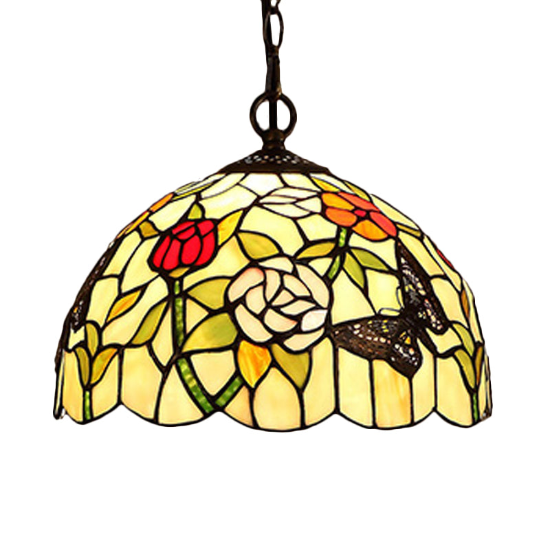 1/2 Lights Kitchen Chandelier Pendant Light Mediterranean Bronze Ceiling Lamp with Domed Red/Yellow Cut Glass Shade, 12