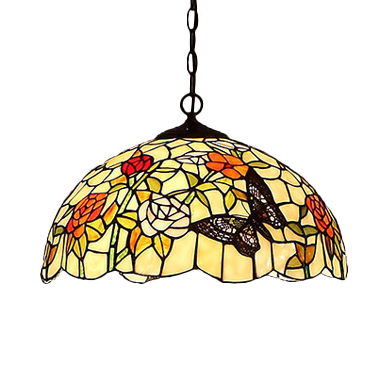 1/2 Lights Kitchen Chandelier Pendant Light Mediterranean Bronze Ceiling Lamp with Domed Red/Yellow Cut Glass Shade, 12