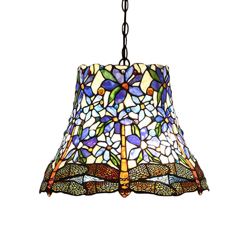 Bronze Flower Pendant Chandelier Victorian 2 Lights Red/Blue/Green Cut Glass Hanging Ceiling Light Purple Clearhalo 'Ceiling Lights' 'Chandeliers' 'Industrial' 'Middle Century Chandeliers' 'Tiffany Chandeliers' 'Tiffany close to ceiling' 'Tiffany' Lighting' 328012