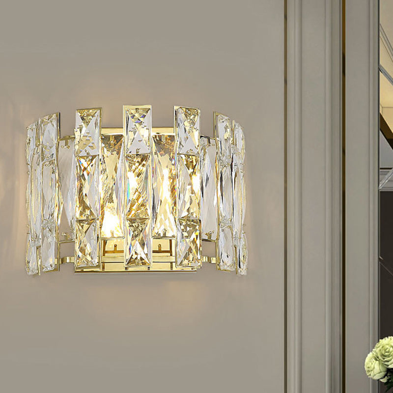 Clear Crystal Half Cylinder Sconce Traditional 2 Heads Bedroom LED Wall Lighting Fixture, 7.5