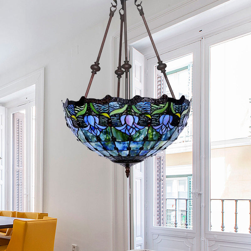 Red/Blue Flower Chandelier Light Fixture Mediterranean 2 Lights Hand Cut Glass Pendant Lamp Blue Clearhalo 'Ceiling Lights' 'Chandeliers' 'Industrial' 'Middle Century Chandeliers' 'Tiffany Chandeliers' 'Tiffany close to ceiling' 'Tiffany' Lighting' 329285