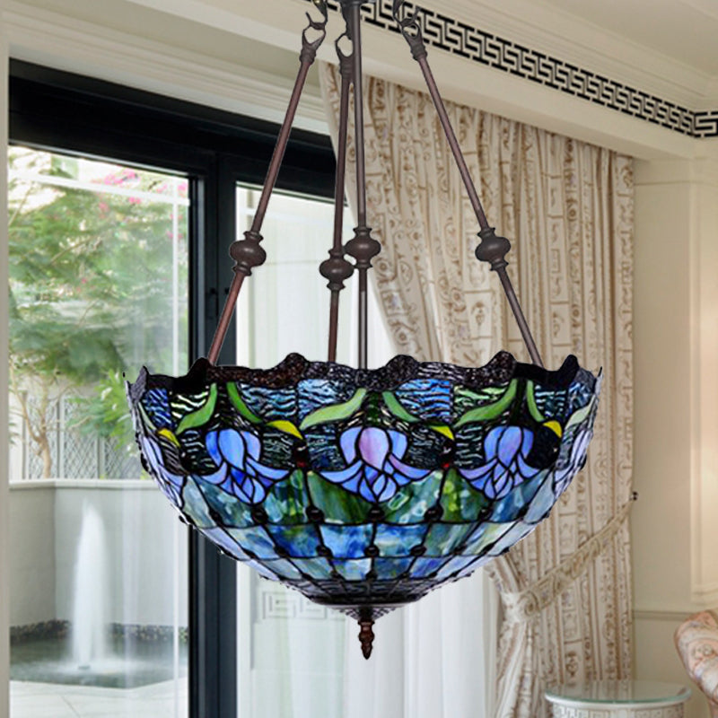 Red/Blue Flower Chandelier Light Fixture Mediterranean 2 Lights Hand Cut Glass Pendant Lamp Clearhalo 'Ceiling Lights' 'Chandeliers' 'Industrial' 'Middle Century Chandeliers' 'Tiffany Chandeliers' 'Tiffany close to ceiling' 'Tiffany' Lighting' 329286