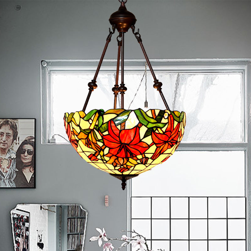 Petal Chandelier Lighting Fixture 2 Lights Cut Glass Victorian Ceiling Light in Red/Pink/Purple for Bedroom Red Clearhalo 'Ceiling Lights' 'Chandeliers' 'Industrial' 'Middle Century Chandeliers' 'Tiffany Chandeliers' 'Tiffany close to ceiling' 'Tiffany' Lighting' 329337