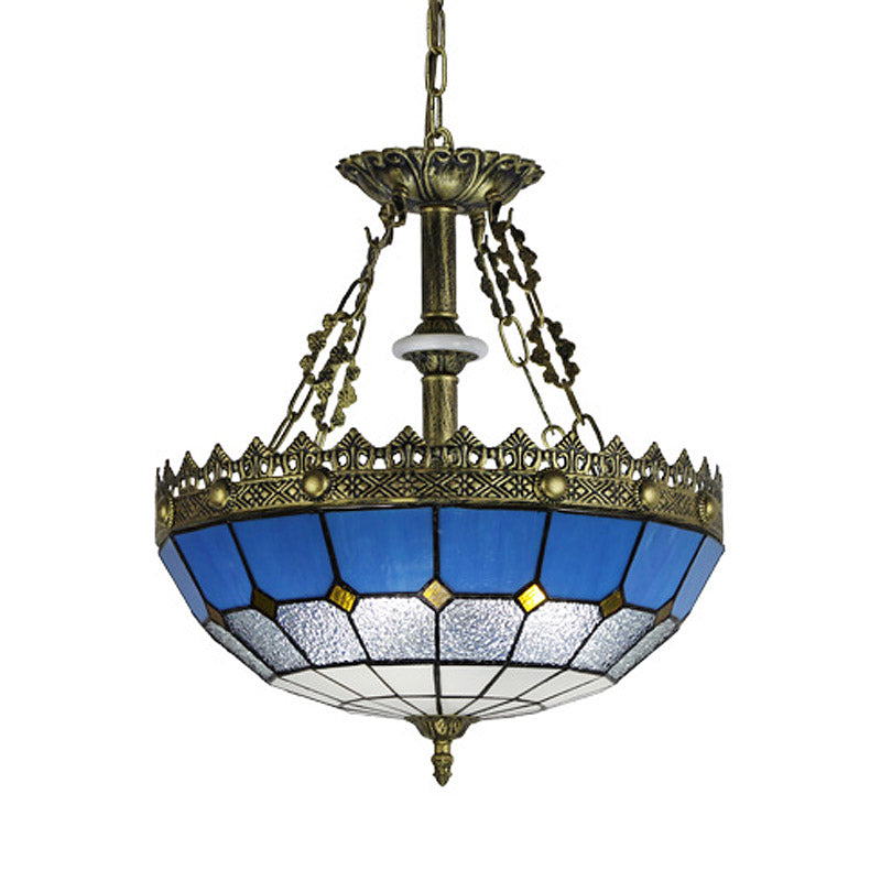 White/Blue 3 Lights Pendant Chandelier Tiffany Hand Cut Glass Bowl Shade Drop Lamp for Bedroom, 12