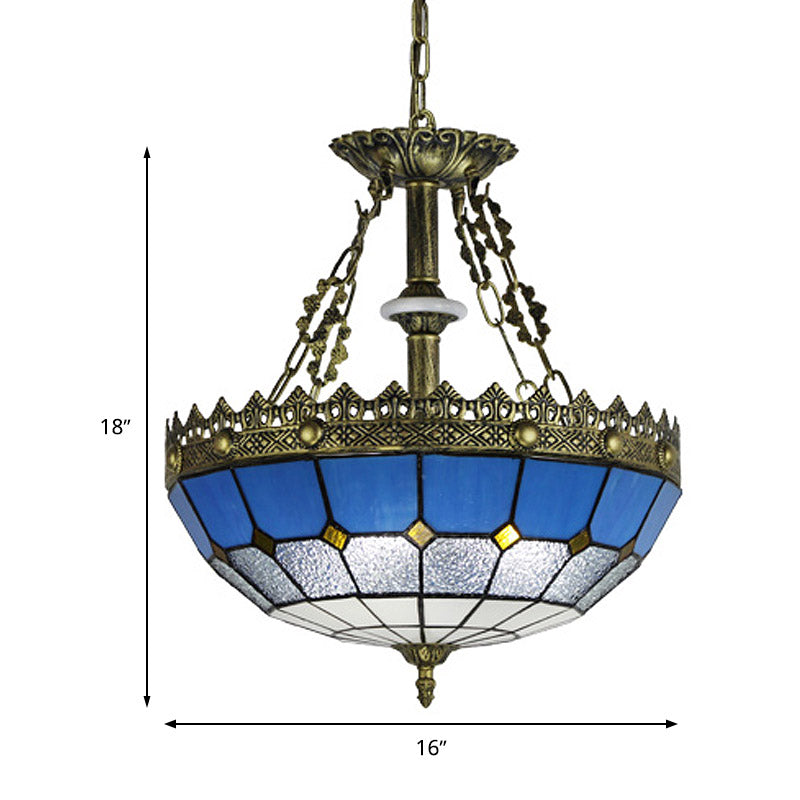 White/Blue 3 Lights Pendant Chandelier Tiffany Hand Cut Glass Bowl Shade Drop Lamp for Bedroom, 12