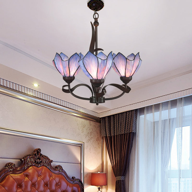 Bronze 3/5 Lights Chandelier Lighting Fixture Baroque Pink/Purple Floral Pendant Lamp for Kitchen 3.0 Purple Clearhalo 'Ceiling Lights' 'Chandeliers' 'Industrial' 'Middle Century Chandeliers' 'Tiffany Chandeliers' 'Tiffany close to ceiling' 'Tiffany' Lighting' 330303