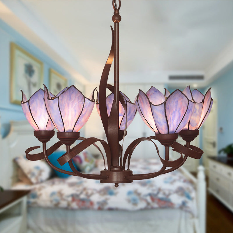 Bronze 3/5 Lights Chandelier Lighting Fixture Baroque Pink/Purple Floral Pendant Lamp for Kitchen 5.0 Purple Clearhalo 'Ceiling Lights' 'Chandeliers' 'Industrial' 'Middle Century Chandeliers' 'Tiffany Chandeliers' 'Tiffany close to ceiling' 'Tiffany' Lighting' 330305