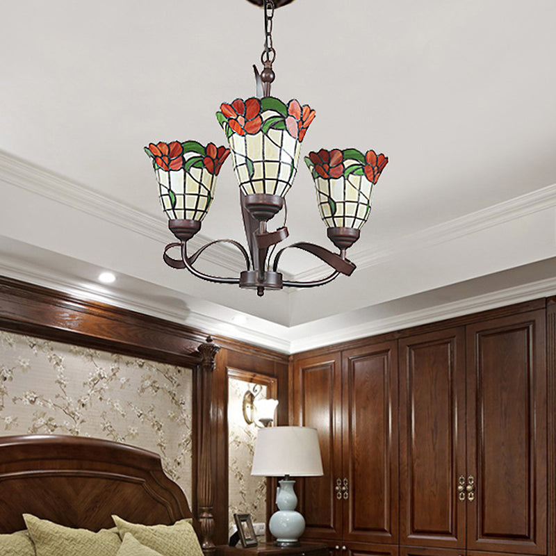 Cut Glass Red Chandelier Pendant Light Blossom 3/5 Lights Mediterranean Ceiling Lamp for Kitchen Clearhalo 'Ceiling Lights' 'Chandeliers' 'Industrial' 'Middle Century Chandeliers' 'Tiffany Chandeliers' 'Tiffany close to ceiling' 'Tiffany' Lighting' 330340