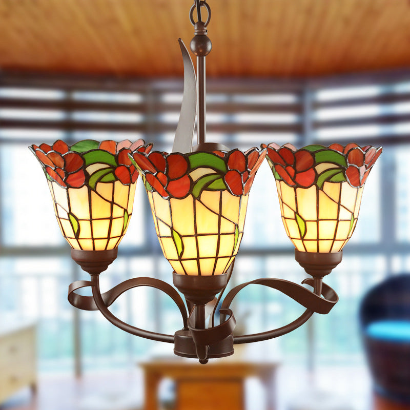 Cut Glass Red Chandelier Pendant Light Blossom 3/5 Lights Mediterranean Ceiling Lamp for Kitchen Clearhalo 'Ceiling Lights' 'Chandeliers' 'Industrial' 'Middle Century Chandeliers' 'Tiffany Chandeliers' 'Tiffany close to ceiling' 'Tiffany' Lighting' 330341