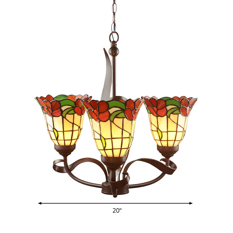 Cut Glass Red Chandelier Pendant Light Blossom 3/5 Lights Mediterranean Ceiling Lamp for Kitchen Clearhalo 'Ceiling Lights' 'Chandeliers' 'Industrial' 'Middle Century Chandeliers' 'Tiffany Chandeliers' 'Tiffany close to ceiling' 'Tiffany' Lighting' 330344