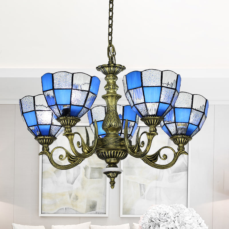 Domed Chandelier 5/9/11 Lights Blue/Textured White Glass Baroque Ceiling Pendant Light in Bronze for Bedroom 5 Blue Clearhalo 'Ceiling Lights' 'Chandeliers' 'Industrial' 'Middle Century Chandeliers' 'Tiffany Chandeliers' 'Tiffany close to ceiling' 'Tiffany' Lighting' 330576