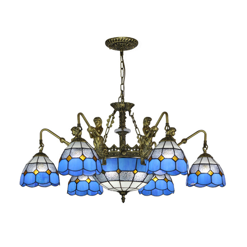 Blue Stained Glass Chandelier Lighting Fixture Grid Patterned 5/9/11 Lights Baroque Suspension Lamp Clearhalo 'Ceiling Lights' 'Chandeliers' 'Industrial' 'Middle Century Chandeliers' 'Tiffany Chandeliers' 'Tiffany close to ceiling' 'Tiffany' Lighting' 330613