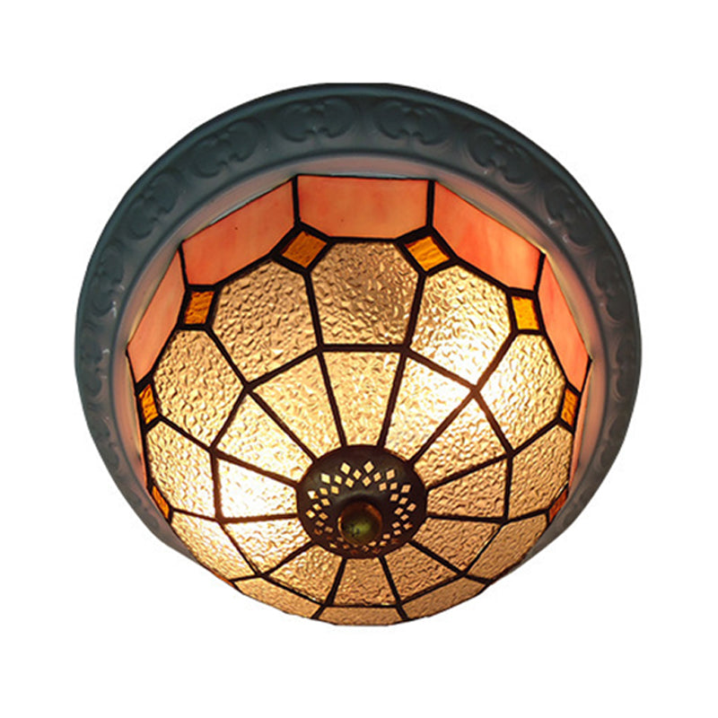 Tiffany Grid Patterned Flush Mount Lighting 2 Lights Pink/Yellow/Blue Cut Glass Ceiling Fixture for Corridor Pink Clearhalo 'Ceiling Lights' 'Close To Ceiling Lights' 'Close to ceiling' 'Flush mount' Lighting' 330671