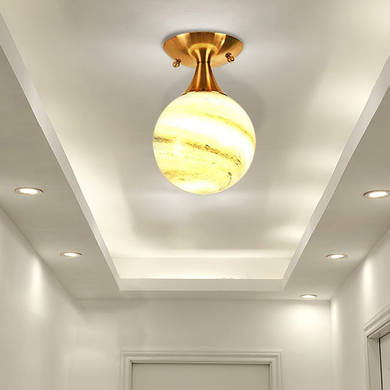 White-Yellow/Gray-Blue/Smoke Gray Glass Semi Mount Lighting with Orb Shade Nordic 1 Bulb Ceiling Flush Mount for Foyer Gray-Blue Clearhalo 'Ceiling Lights' 'Close To Ceiling Lights' 'Close to ceiling' 'Flush mount' Lighting' 330732