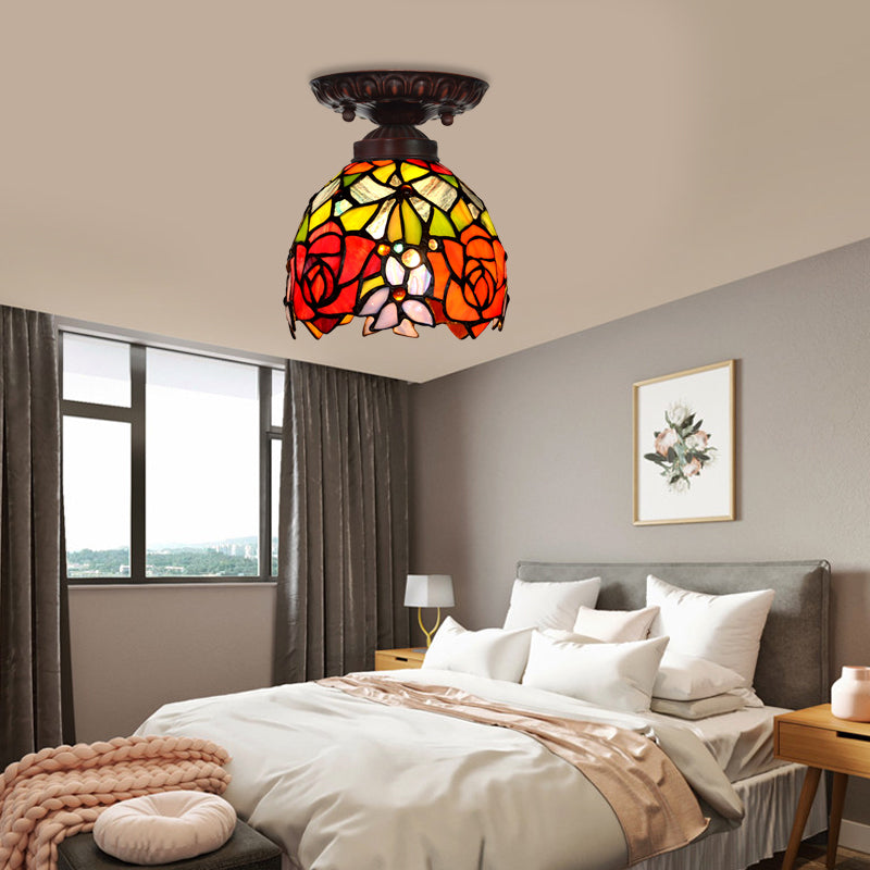 Victorian Domed Ceiling Mounted Light 1 Light Red/Pink/Orange Stained Glass Flushmount for Corridor Orange Clearhalo 'Ceiling Lights' 'Close To Ceiling Lights' 'Close to ceiling' 'Flush mount' Lighting' 331033
