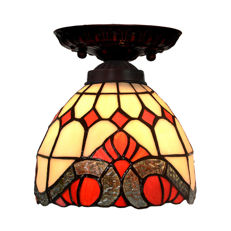 Victorian Domed Ceiling Mounted Light 1 Light Red/Pink/Orange Stained Glass Flushmount for Corridor Red Clearhalo 'Ceiling Lights' 'Close To Ceiling Lights' 'Close to ceiling' 'Flush mount' Lighting' 331038