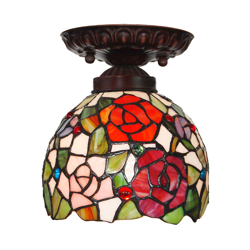 Victorian Domed Ceiling Mounted Light 1 Light Red/Pink/Orange Stained Glass Flushmount for Corridor Pink Clearhalo 'Ceiling Lights' 'Close To Ceiling Lights' 'Close to ceiling' 'Flush mount' Lighting' 331041