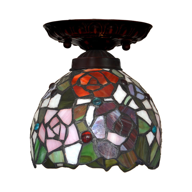 Victorian Domed Ceiling Mounted Light 1 Light Red/Pink/Orange Stained Glass Flushmount for Corridor Clearhalo 'Ceiling Lights' 'Close To Ceiling Lights' 'Close to ceiling' 'Flush mount' Lighting' 331042