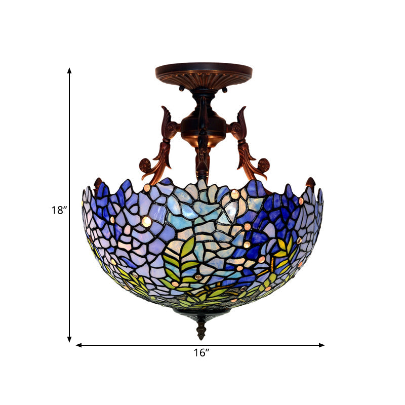 3 Lights Domed Semi Mount Lighting Victorian Blue/Light Blue Stained Glass Ceiling Light Fixture for Kitchen Clearhalo 'Ceiling Lights' 'Close To Ceiling Lights' 'Close to ceiling' 'Glass shade' 'Glass' 'Pendant Lights' 'Semi-flushmount' 'Tiffany close to ceiling' 'Tiffany' Lighting' 331162