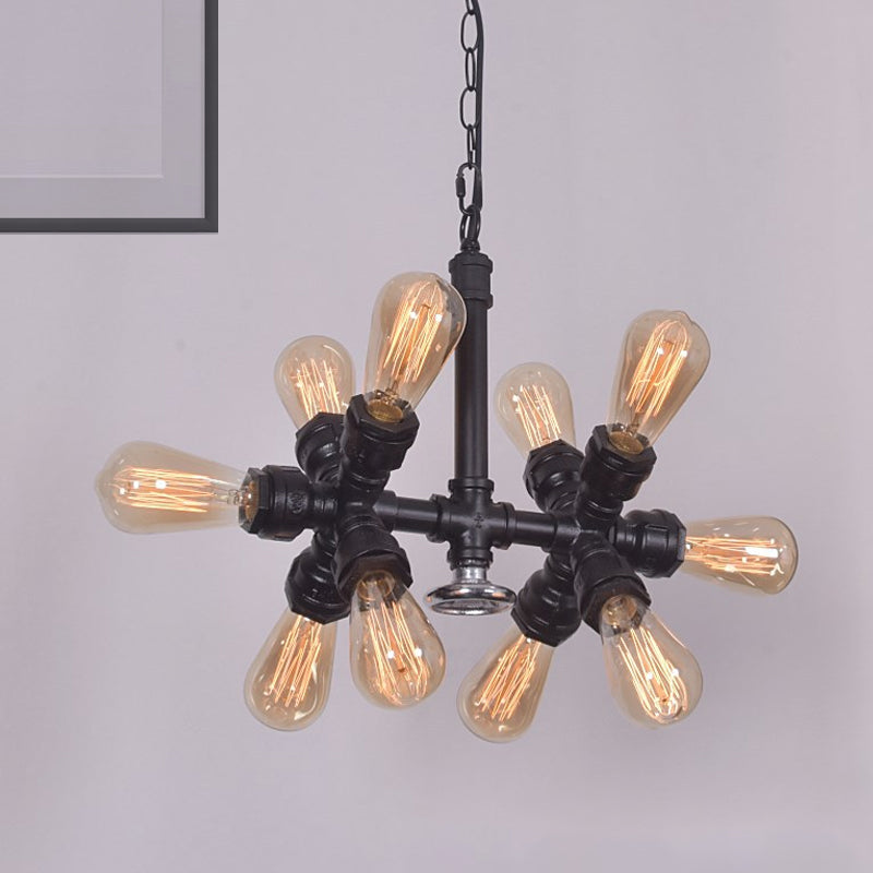 Exposed Bulb Chandelier Light Farmhouse Style Metal 10 Heads Black Pendant Lamp with Sputnik Design Black Clearhalo 'Cast Iron' 'Ceiling Lights' 'Chandeliers' 'Industrial Chandeliers' 'Industrial' 'Metal' 'Middle Century Chandeliers' 'Rustic Chandeliers' 'Tiffany' Lighting' 331281