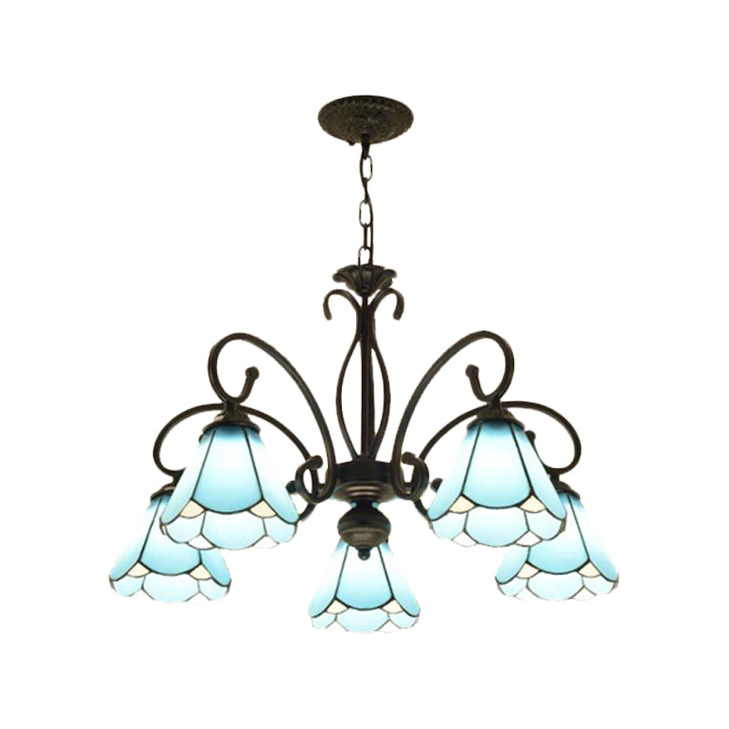 Black 5/6/8 Lights Chandelier Light Fixture Tiffany Style Blue Glass Cone Hanging Lamp Kit Clearhalo 'Ceiling Lights' 'Chandeliers' 'Industrial' 'Middle Century Chandeliers' 'Tiffany Chandeliers' 'Tiffany close to ceiling' 'Tiffany' Lighting' 331372