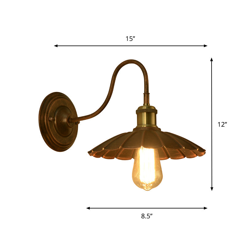 Metal Scalloped Edge Sconce Light Antique Style 1 Bulb Weathered Copper Wall Light Fixture with Gooseneck Arm Clearhalo 'Art deco wall lights' 'Cast Iron' 'Glass' 'Industrial wall lights' 'Industrial' 'Middle century wall lights' 'Modern' 'Rustic wall lights' 'Tiffany' 'Traditional wall lights' 'Wall Lamps & Sconces' 'Wall Lights' Lighting' 331429