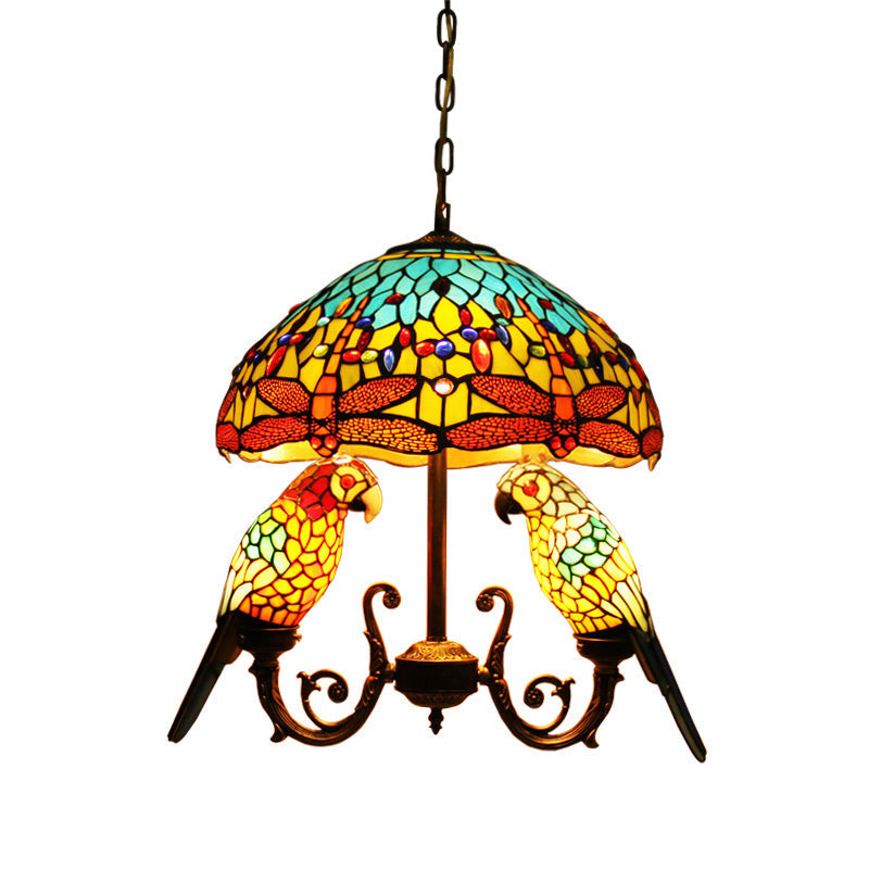 5 Lights Pendant Chandelier Mediterranean Petal Stained Glass Hanging Light Fixture in Yellow with Parrot Deco Clearhalo 'Ceiling Lights' 'Chandeliers' 'Industrial' 'Middle Century Chandeliers' 'Tiffany Chandeliers' 'Tiffany close to ceiling' 'Tiffany' Lighting' 331513