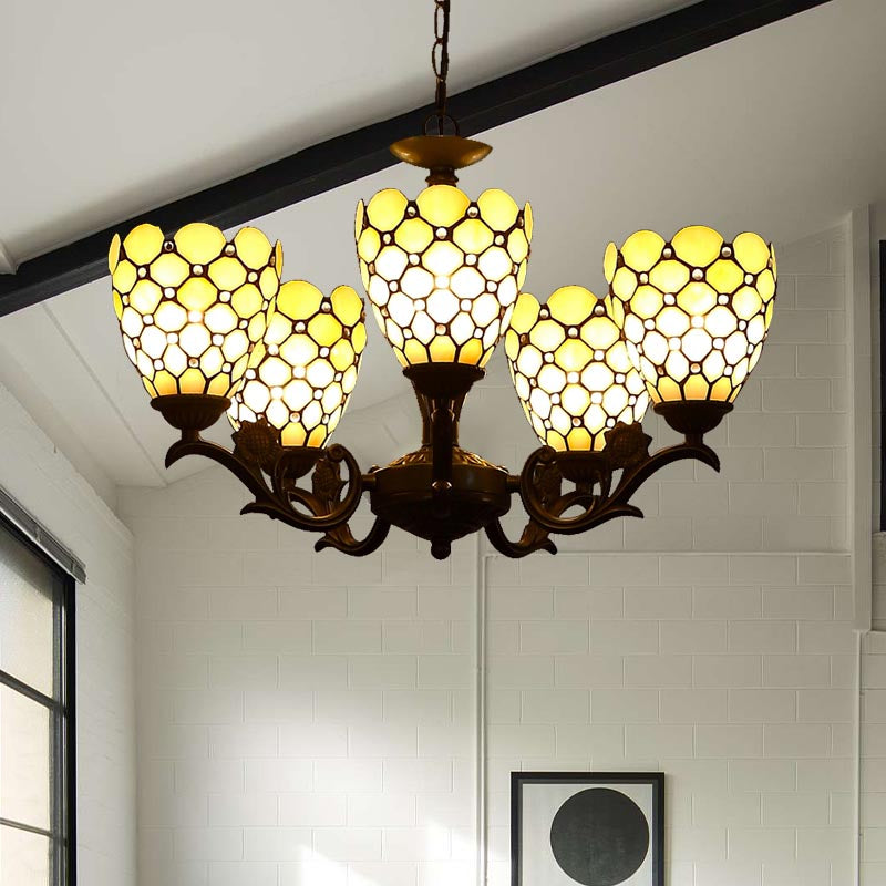 Tiffany Jeweled Chandelier Light Fixture 5 Lights Beige Glass Suspension Lamp in Black Beige Clearhalo 'Ceiling Lights' 'Chandeliers' 'Industrial' 'Middle Century Chandeliers' 'Tiffany Chandeliers' 'Tiffany close to ceiling' 'Tiffany' Lighting' 331541