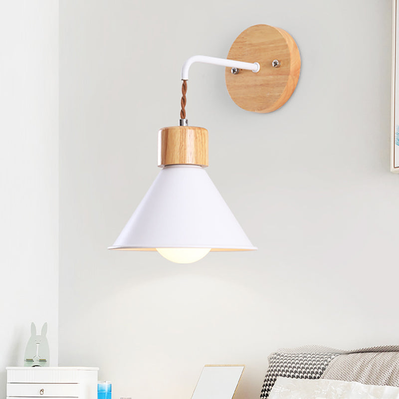 Cone Shade Metallic Wall Sconce Nordic Stylish 1 Light Blue/Pink/White Wall Mount Light with Wooden Cap Clearhalo 'Art deco wall lights' 'Cast Iron' 'Glass' 'Industrial wall lights' 'Industrial' 'Middle century wall lights' 'Modern' 'Rustic wall lights' 'Tiffany' 'Traditional wall lights' 'Wall Lamps & Sconces' 'Wall Lights' Lighting' 331580