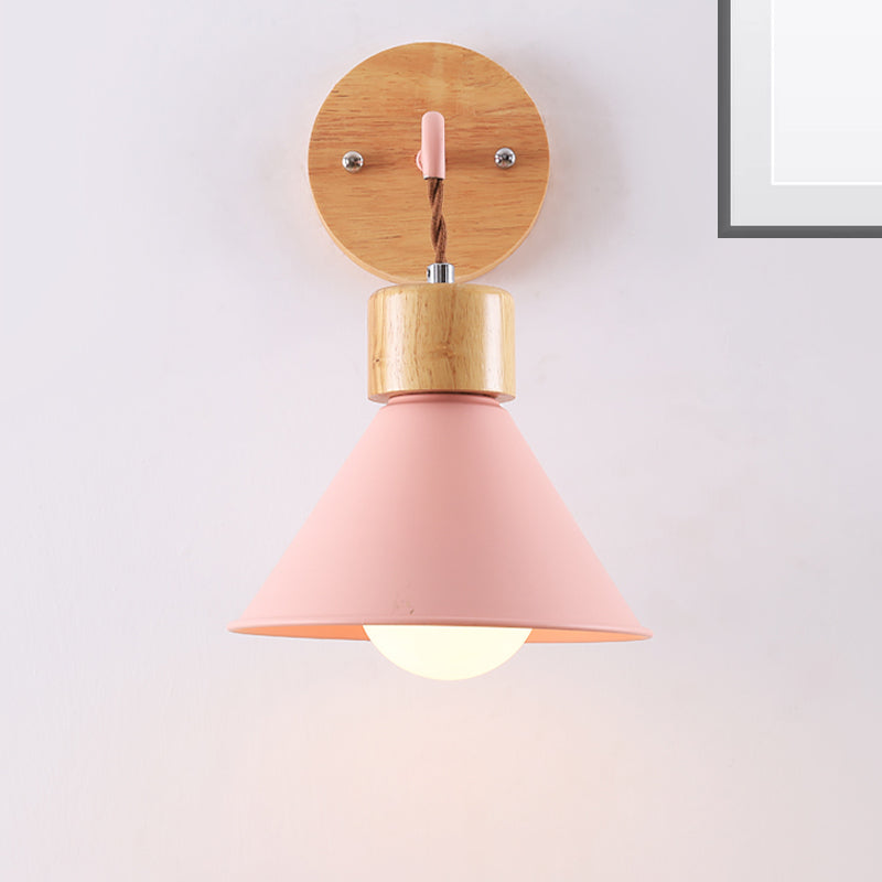 Cone Shade Metallic Wall Sconce Nordic Stylish 1 Light Blue/Pink/White Wall Mount Light with Wooden Cap Pink Clearhalo 'Art deco wall lights' 'Cast Iron' 'Glass' 'Industrial wall lights' 'Industrial' 'Middle century wall lights' 'Modern' 'Rustic wall lights' 'Tiffany' 'Traditional wall lights' 'Wall Lamps & Sconces' 'Wall Lights' Lighting' 331585