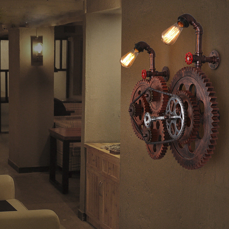 Gear Design Corridor Wall Sconce Lamp Wrought Iron 2 Lights Industrial Wall Light with Bare Bulb in Weathered Copper Clearhalo 'Art deco wall lights' 'Cast Iron' 'Glass' 'Industrial wall lights' 'Industrial' 'Middle century wall lights' 'Modern' 'Rustic wall lights' 'Tiffany' 'Traditional wall lights' 'Wall Lamps & Sconces' 'Wall Lights' Lighting' 331618