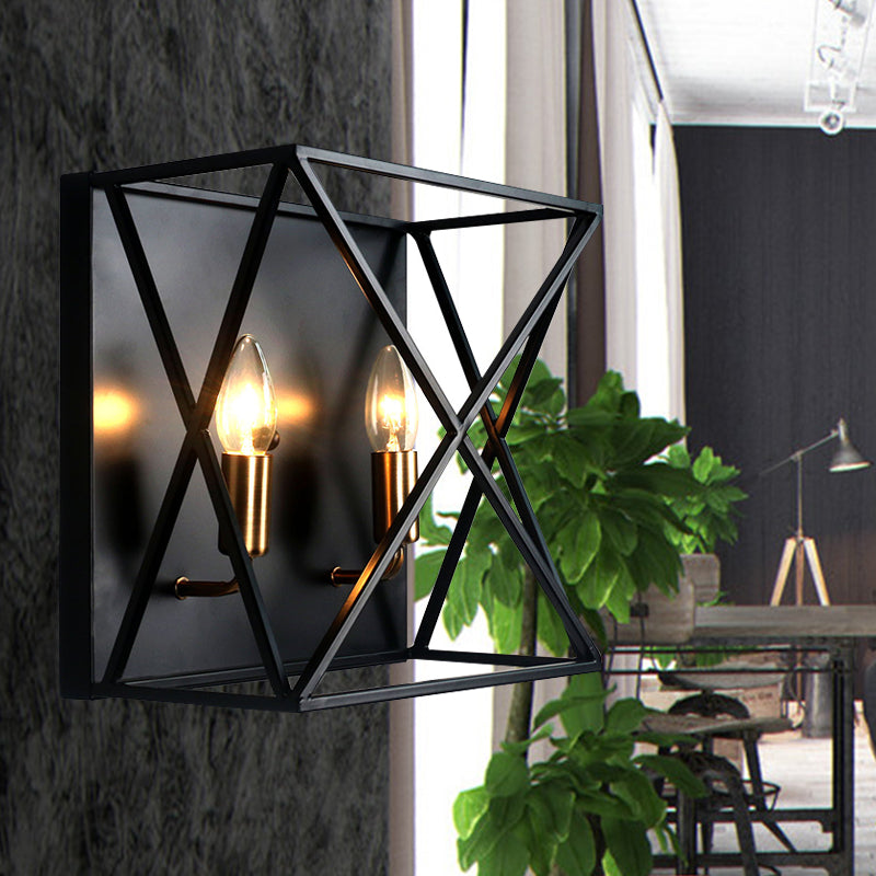 Squared Metal Sconce Light Fixture Farmhouse Style 2 Bulbs Black Finish Wall Lamp with Wire Frame Black Clearhalo 'Art deco wall lights' 'Cast Iron' 'Glass' 'Industrial wall lights' 'Industrial' 'Middle century wall lights' 'Modern' 'Rustic wall lights' 'Tiffany' 'Traditional wall lights' 'Wall Lamps & Sconces' 'Wall Lights' Lighting' 331632